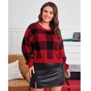 Red & Black Buffalo Plaid Drop Shoulder Cropped Sweater 2X